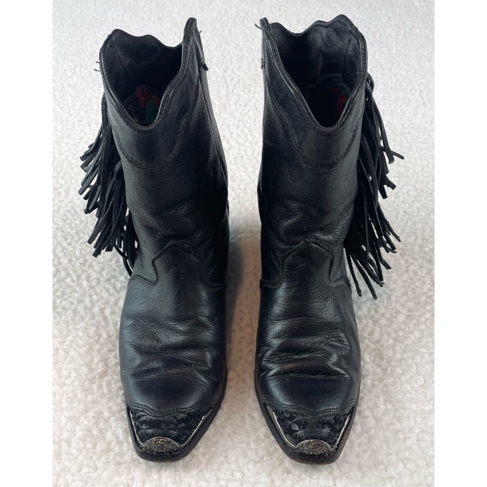 (VTG) ZODIAC • Black Genuine Leather Studded Fringe Western Cowboy Boots, 5.5 - Picture 3 of 16
